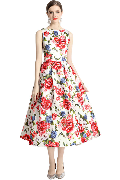 Vintage Fall Jacquard Floral Print, O-Neck, A-Line Flared Midi Cocktail Dress